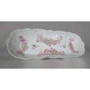 Vintage Porcelain Flowers & Bows Celery Serving/Trinket Tray 12.5x 5 Lilac Pink